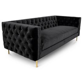 अच्छी कीमत Black velvet fabric button tufted 3 seat sofa with 4 golden brass metal leg for wedding,living room rental sofa ऑनलाइन