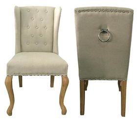 अच्छी कीमत Natural oak wood frame with metal ring at back  linen fabric wooden dining chair ऑनलाइन