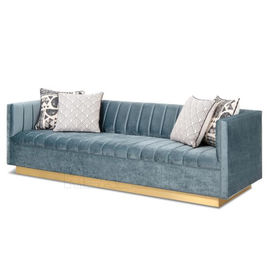 अच्छी कीमत Modern Living Room Blue Velvet Fabric Sofa Stainless Steel Golden Brushed Manhattan Sofa With Wide Channel Tufting with ऑनलाइन