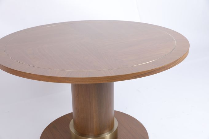 White Oak Veneer Metal Inlay Border Dining Table Pedestal Base With Metal Collar 0