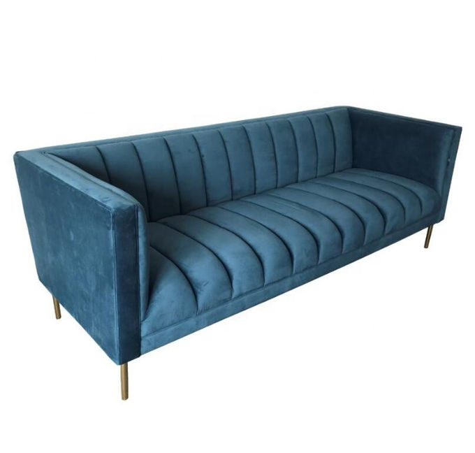 Blue Velvet Tufted 3 Seat 221x76x78cm Living Room Sofa 2