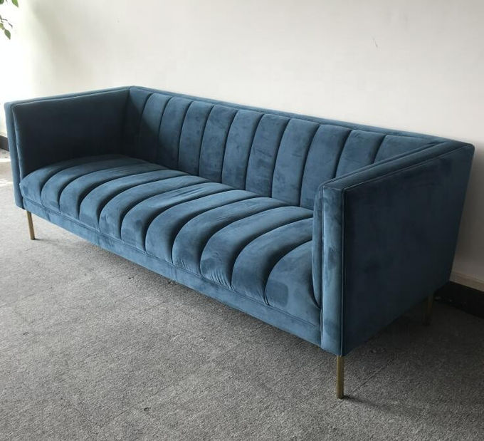 Blue Velvet Tufted 3 Seat 221x76x78cm Living Room Sofa 1